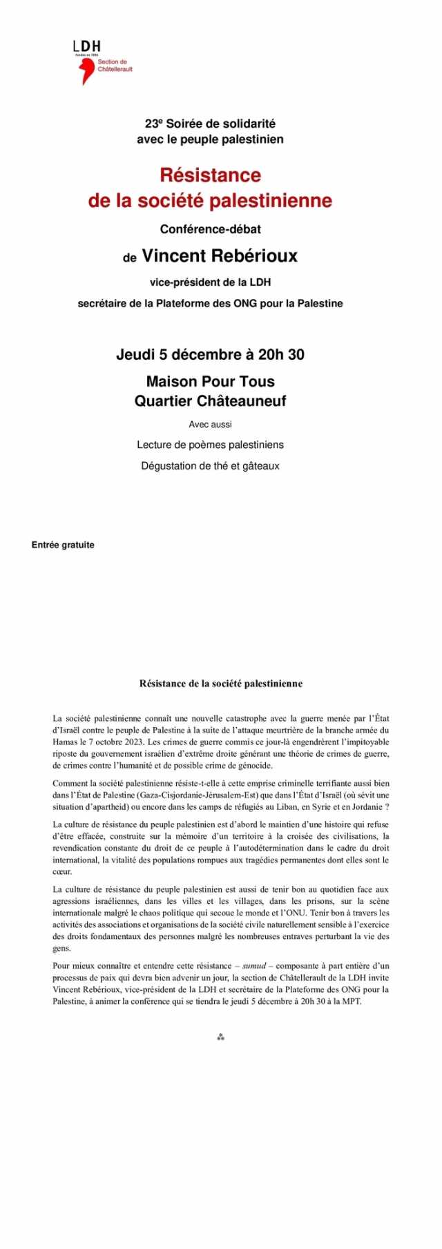 Résistance de la société palestinienne : une conférence-débat de Vincent Rebérioux, vice-président de la LDH.