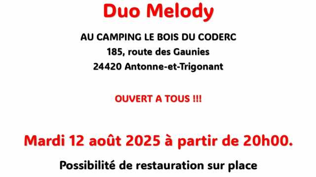 Le mardi 12 août Concert avec Louise et son guitariste au Camping du Bois Coderc