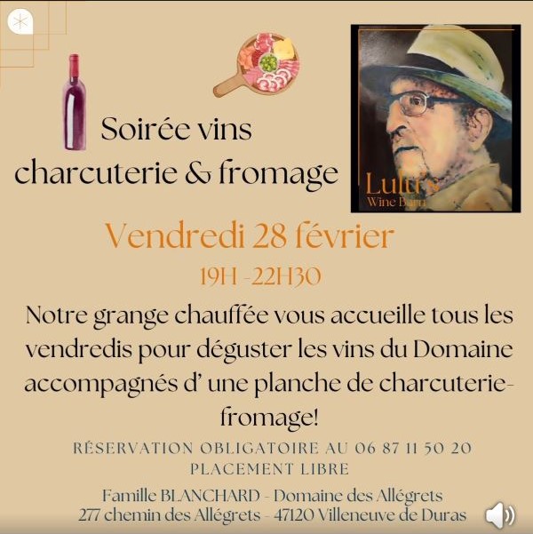 Soirée vins charcuterie et fromage au Domaine des Allégrets