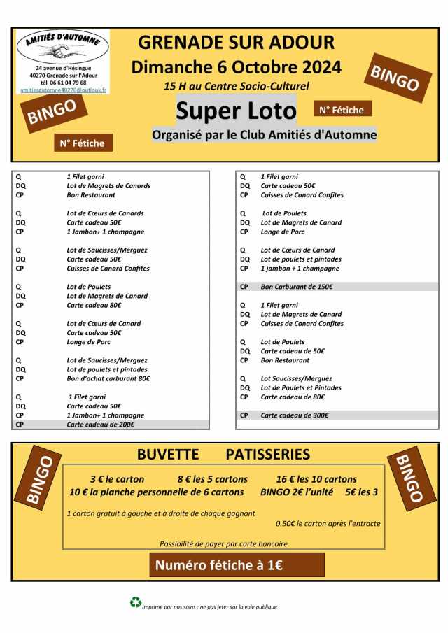 Loto bingo de l'association Amitiés d'Automne