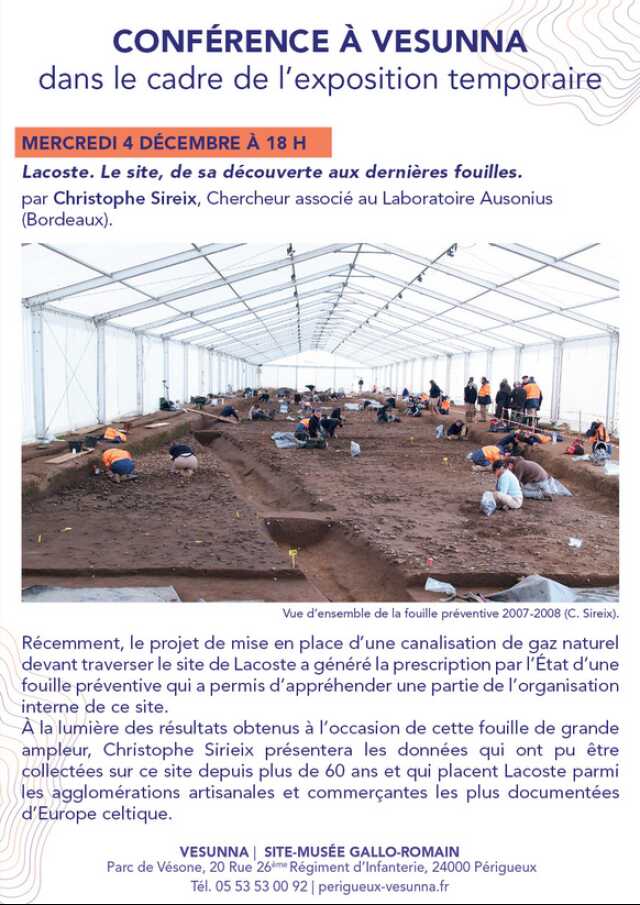 Conférence de Vesunna - Lacoste. Le site, de sa découverte aux dernières fouilles.