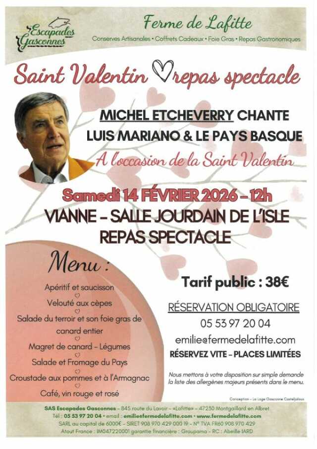 Saint Valentin à la ferme de Lafitte : Repas spectacle avec Michel Etcheverry
