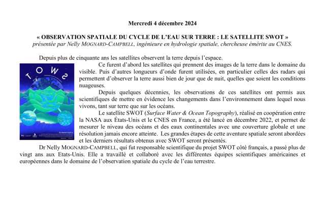 Conférence UTL : « OBSERVATION SPATIALE DU CYCLE DE L’EAU SUR TERRE : LE SATELLITE SWOT »