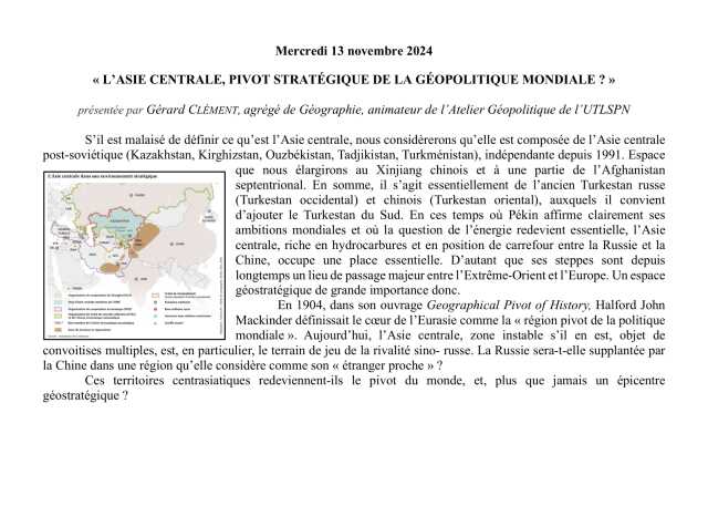 Conférence UTL : « L’ASIE CENTRALE, PIVOT STRATÉGIQUE DE LA GÉOPOLITIQUE MONDIALE ? »