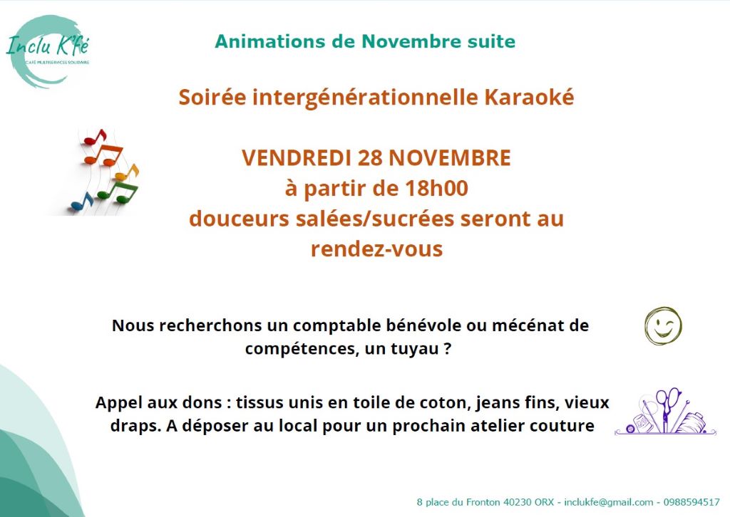 Inclu K'Fé animations du mois de novembre : Soirée intergénérationnelle karaoké