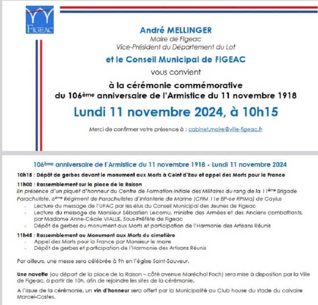 Figeac : Cérémonie de commémoration 106ème anniversaire de l’Armistice du 11 novembre 1918