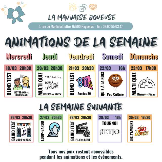 Animations de la semaine chez La Mauvaise Joueuse