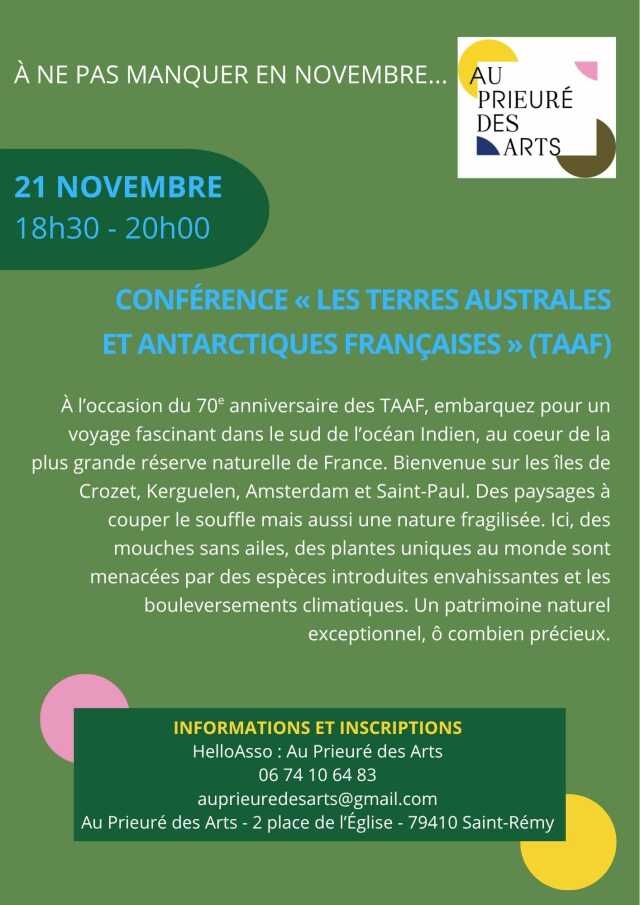 Conférence « les terres australes et antarctiques françaises » (TAAF) au Prieuré des Arts à Saint-Remy