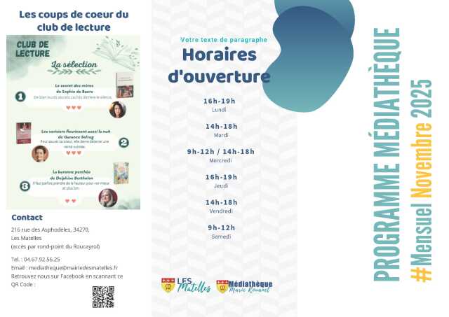 MÉDIATHÈQUE DES MATELLES - ANIMATIONS NOVEMBRE 2025