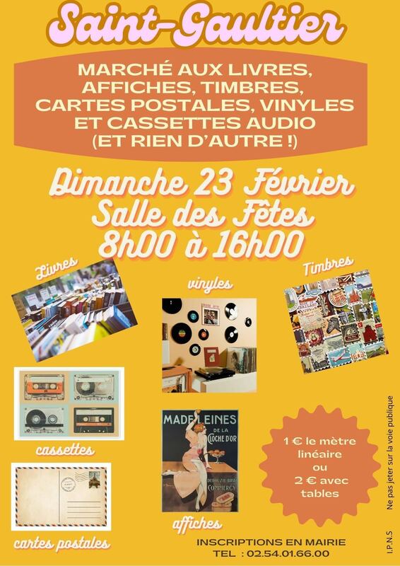 Marché aux livres, affiches, cartes postales, timbres, cassettes audio, vinyles