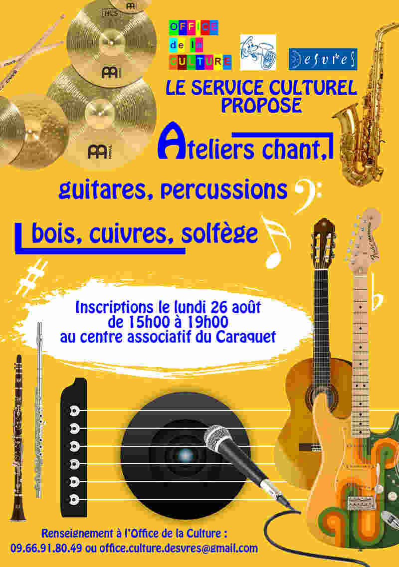 Ateliers chants, guitares, percussions, bois, cuivres, solfèges